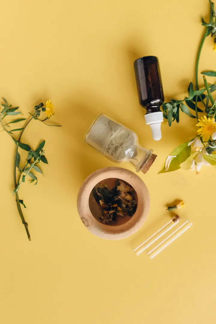 Frascos, plantas e matérias-primas naturais usados em preparações homeopáticas