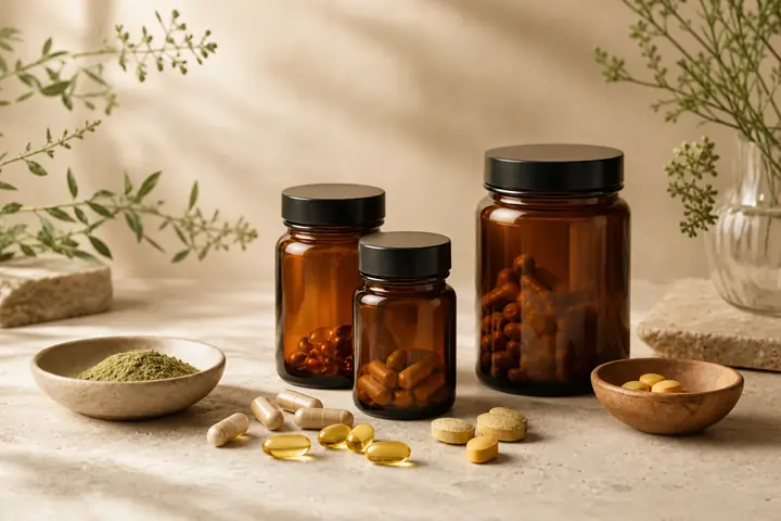 Frascos âmbar sem rótulos, cápsulas, vitaminas e ingredientes botânicos