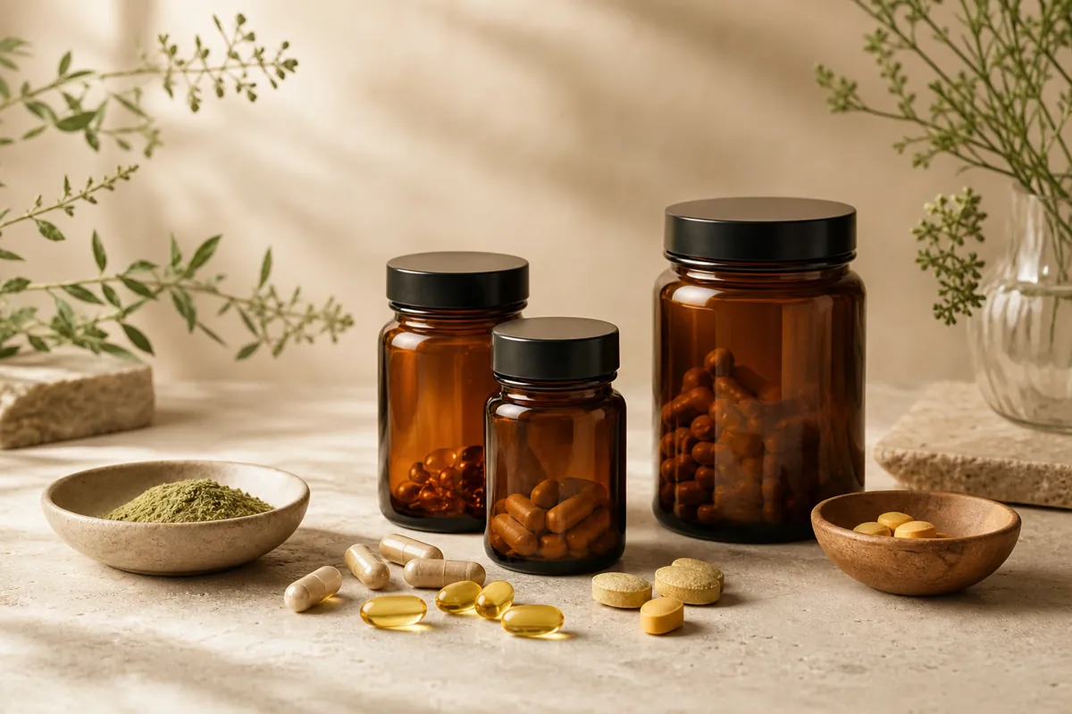 Frascos âmbar sem rótulos, cápsulas, vitaminas e ingredientes botânicos