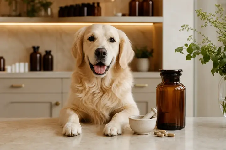 Cão ao lado de frasco âmbar e utensílios de farmácia em ambiente acolhedor