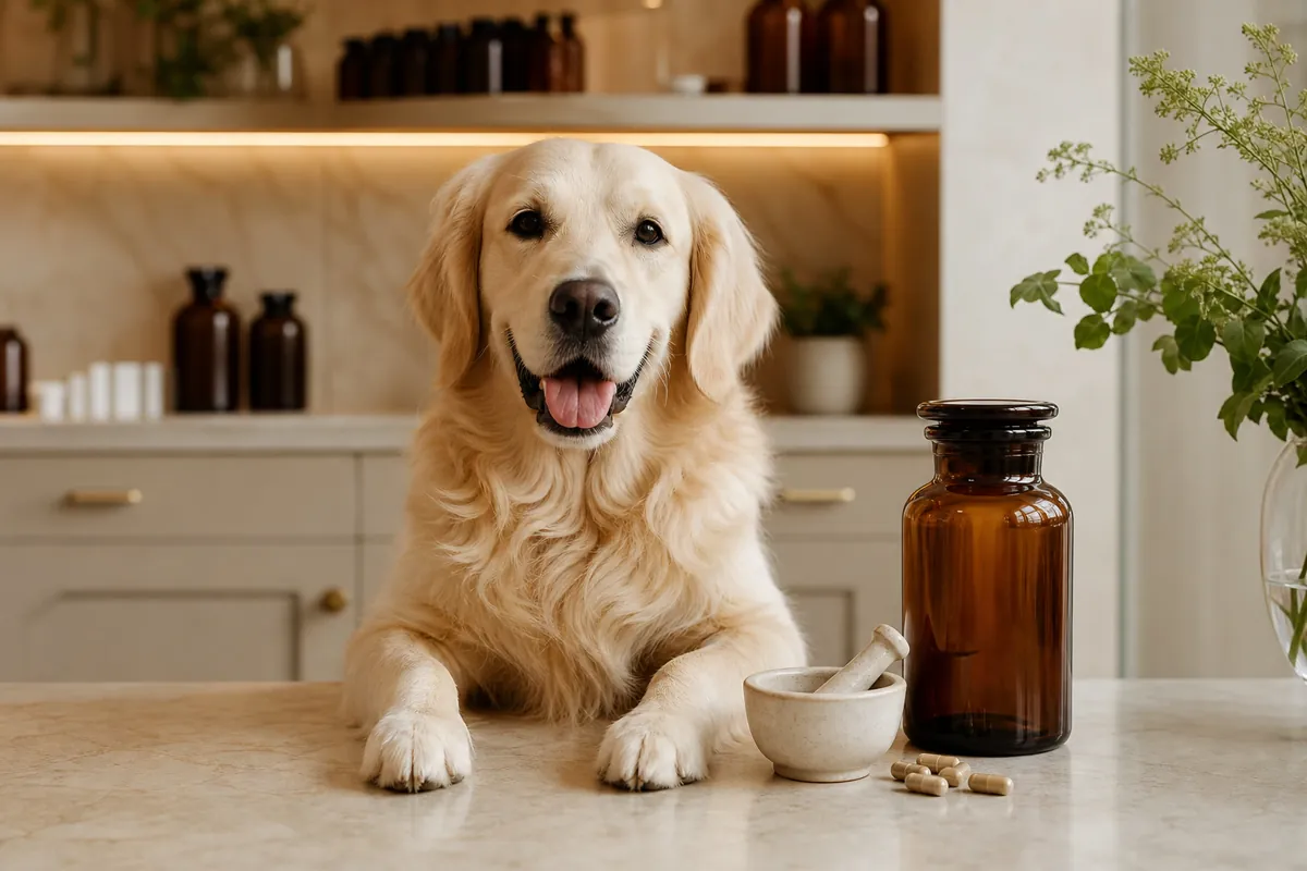 Cão ao lado de frasco âmbar e utensílios de farmácia em ambiente acolhedor